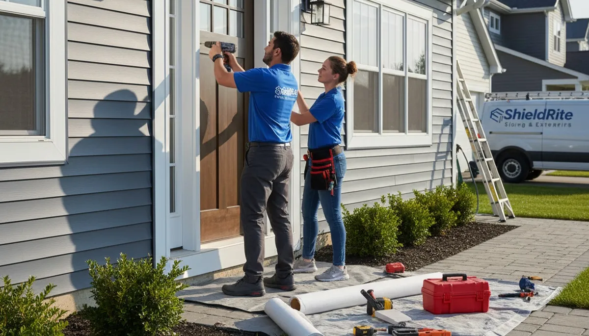 Technician repairing vinyl door frame on coastal home in Virginia Beach VA for Next Level Exteriors