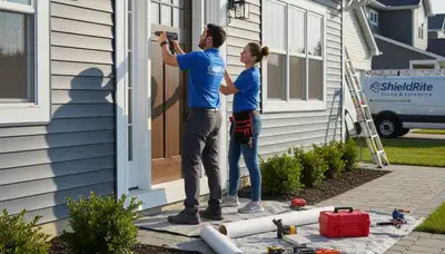 Technician repairing vinyl door frame on coastal home in Virginia Beach VA for Next Level Exteriors