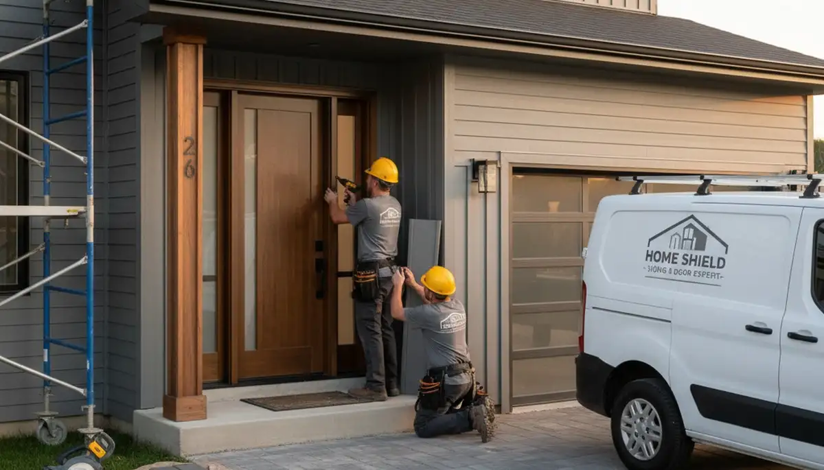 Technician repairing exterior vinyl siding and door frame on coastal home in Virginia Beach, VA