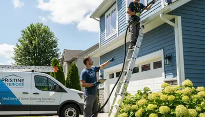 Technician cleaning residential gutters on vinyl siding home in Virginia Beach, VA