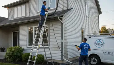 Technician performing gutter cleaning on vinyl-sided home in Virginia Beach, VA