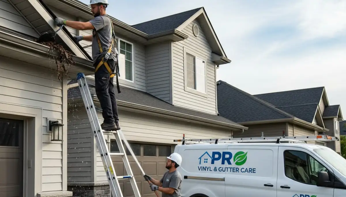 Technician cleaning home gutters in Virginia Beach, VA for Next Level Exteriors siding and gutter service