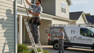 Technician inspecting residential gutters in Virginia Beach VA for Next Level Exteriors siding services