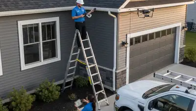 Technician performing gutter inspection on vinyl siding home in Virginia Beach, VA