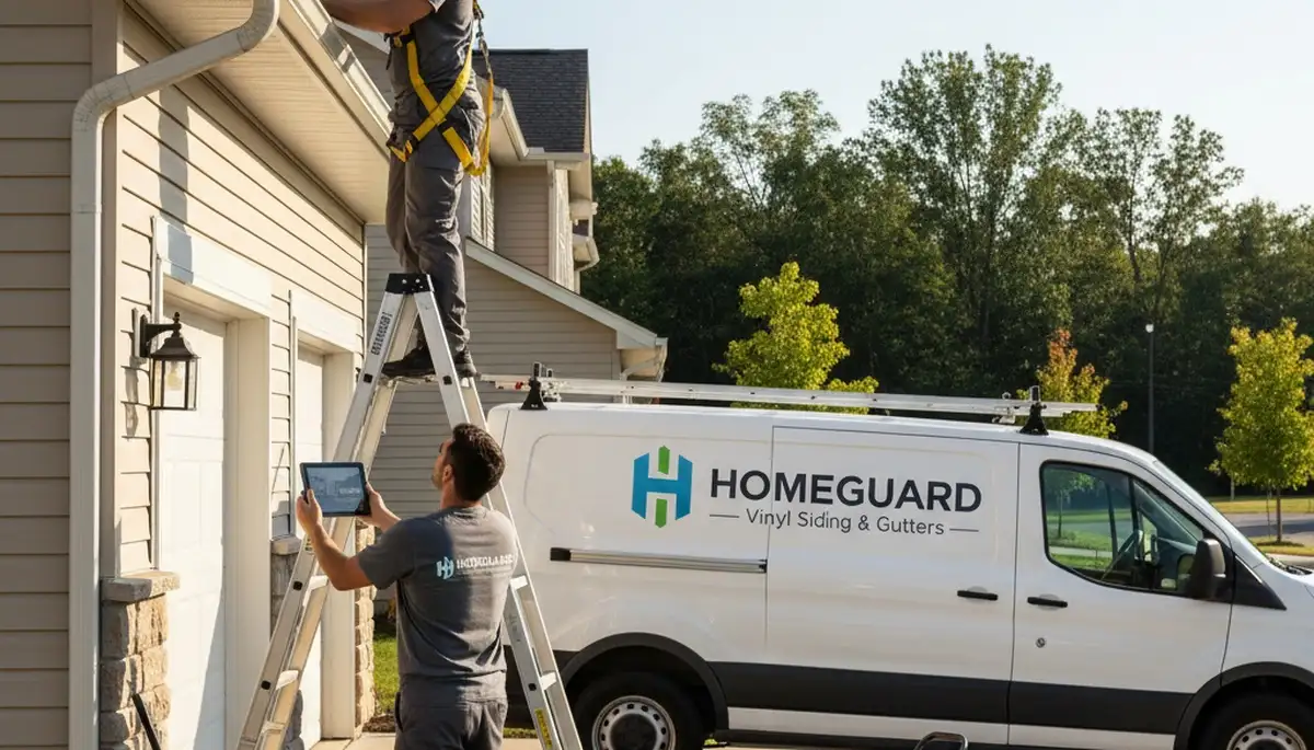 Technician performing gutter inspection on vinyl siding home in Virginia Beach, VA