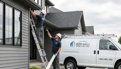 Technician performing gutter repair on vinyl siding home in Virginia Beach VA