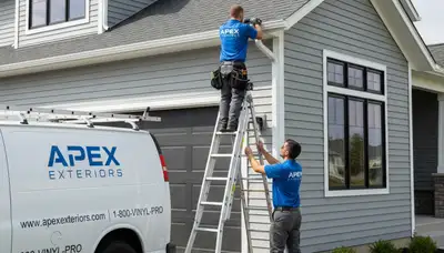 Technician performing gutter repair on vinyl siding home in Virginia Beach VA