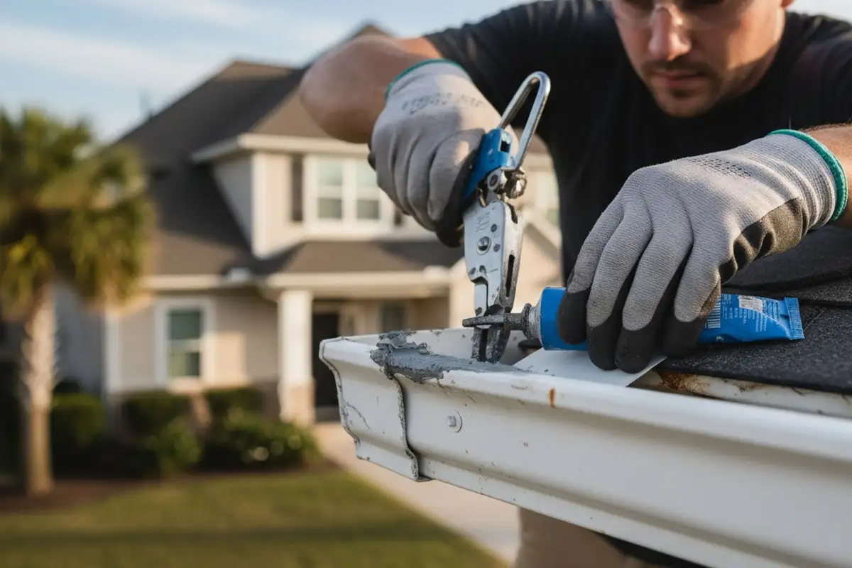 Technician performing precise gutter seam repair at Virginia Beach home for durable vinyl siding protection