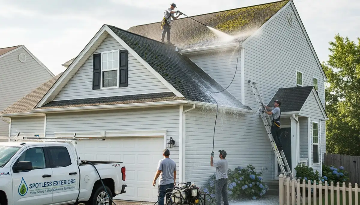 Technician cleaning vinyl siding and roof in Virginia Beach, VA for Next Level Exteriors services