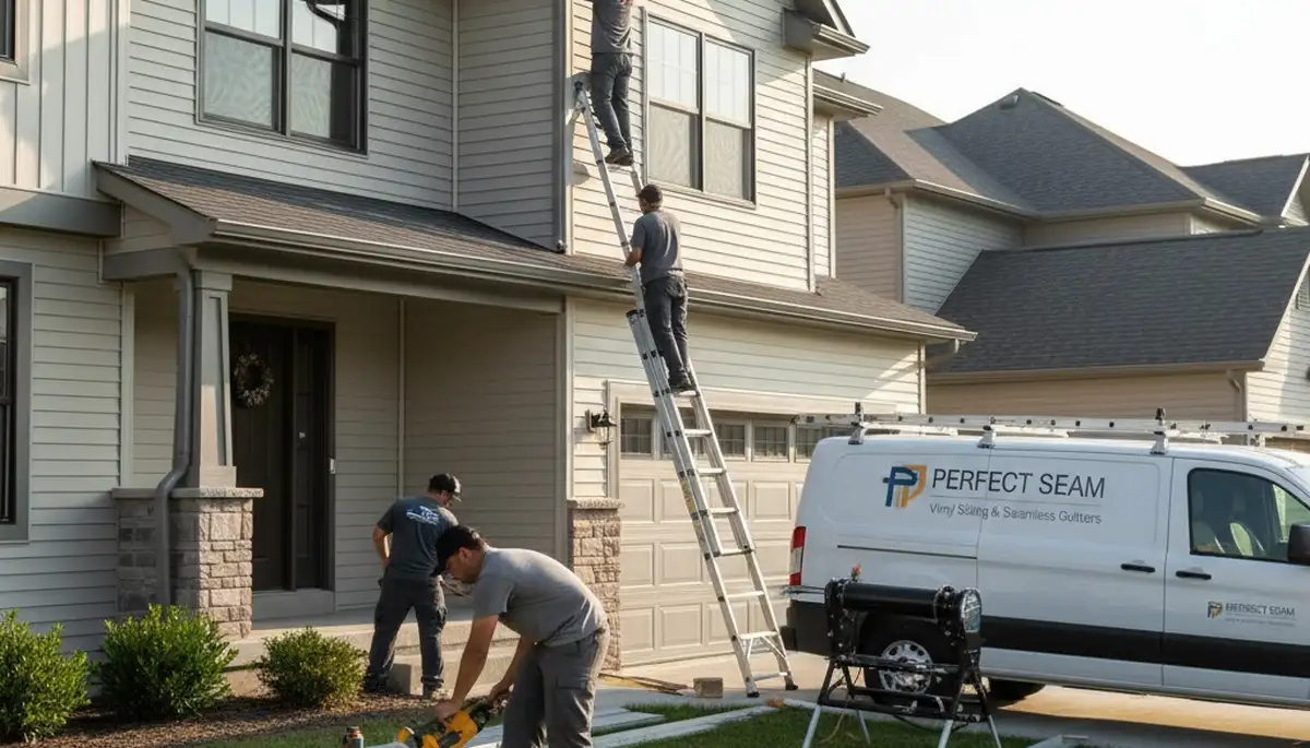 Seamless gutter installation on vinyl siding home in Virginia Beach VA by Next Level Exteriors