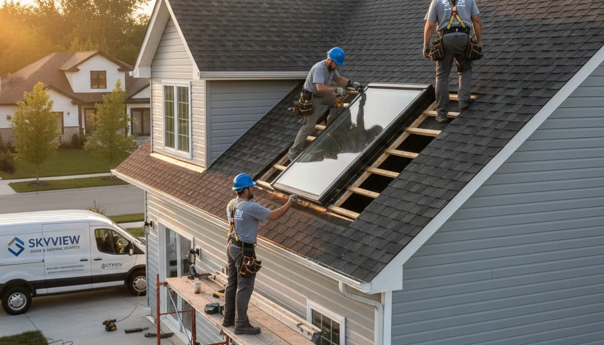 Contractor installing skylight on vinyl siding roof in Virginia Beach VA coastal home