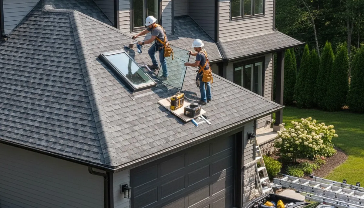 Technician repairing skylight on vinyl siding roof in Virginia Beach VA for Next Level Exteriors