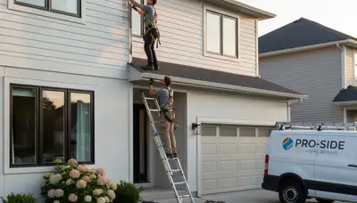 Technician repairing vinyl siding on coastal home in Virginia Beach, VA
