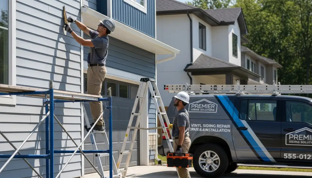 Technician repairing damaged vinyl siding on coastal home in Virginia Beach, VA