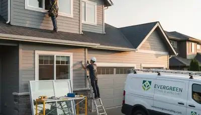 Technician repairing storm-damaged vinyl siding and windows in Virginia Beach VA home exterior