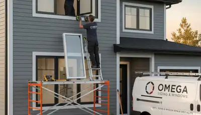 Technician repairing storm-damaged window frame at Virginia Beach home by Next Level Exteriors