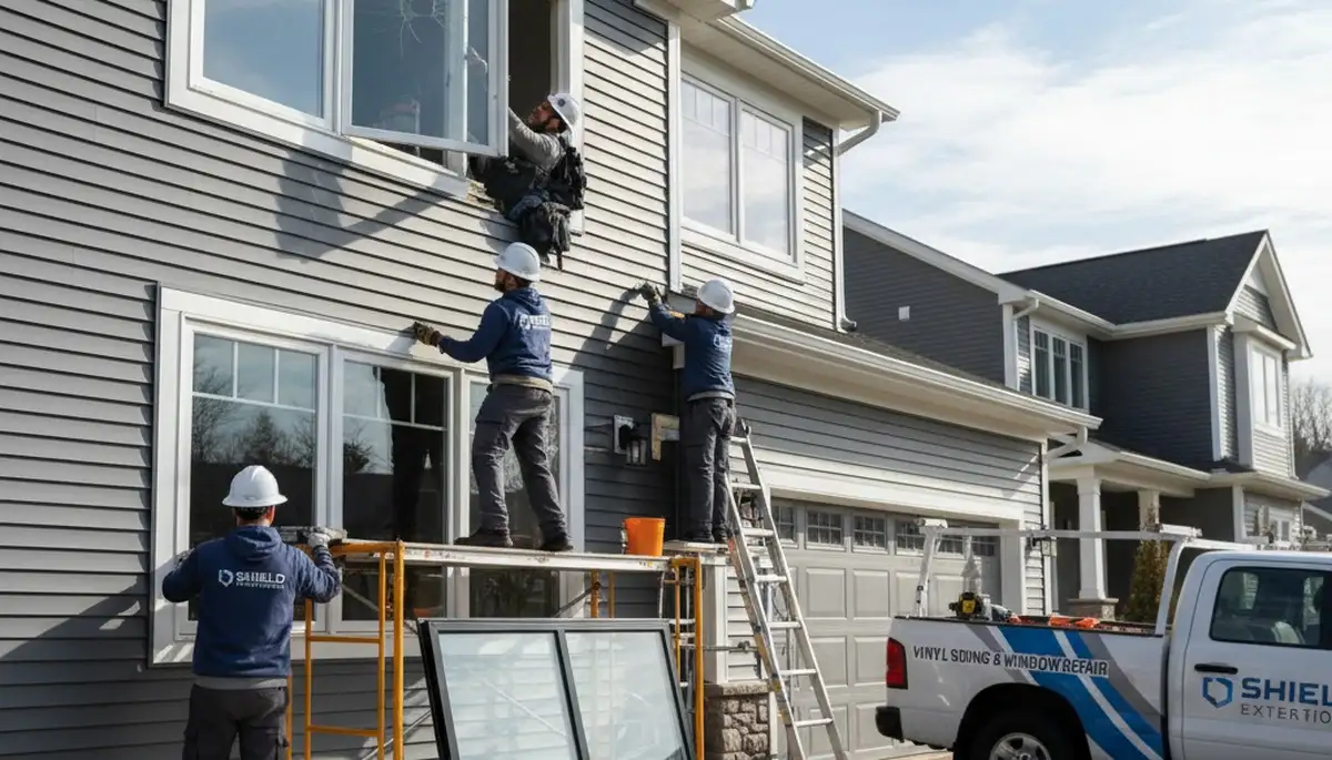 Technician repairing coastal storm-damaged window frame in Virginia Beach, VA home exterior